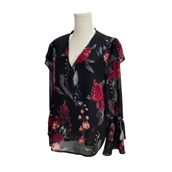 Romantic Sheer Floral Blouse Black Red Long Sleeve Ruffle Top Cottagecore - Picture 5 of 9